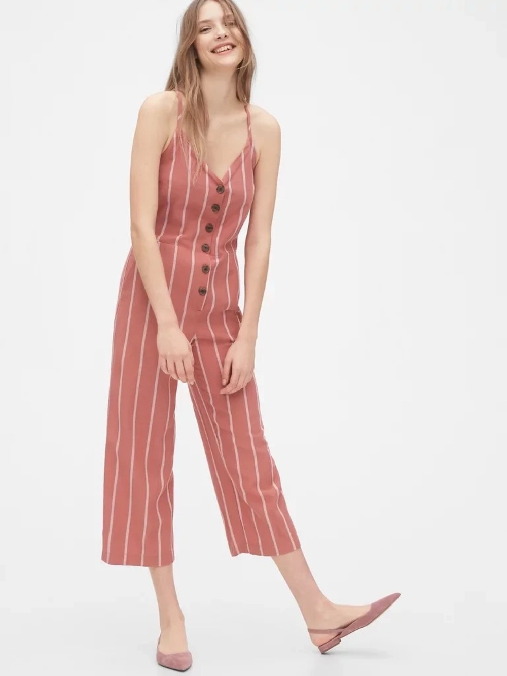GAP Tie-Back Cami Cropped Jumpsuit Romper Pink White Stripe Size 2